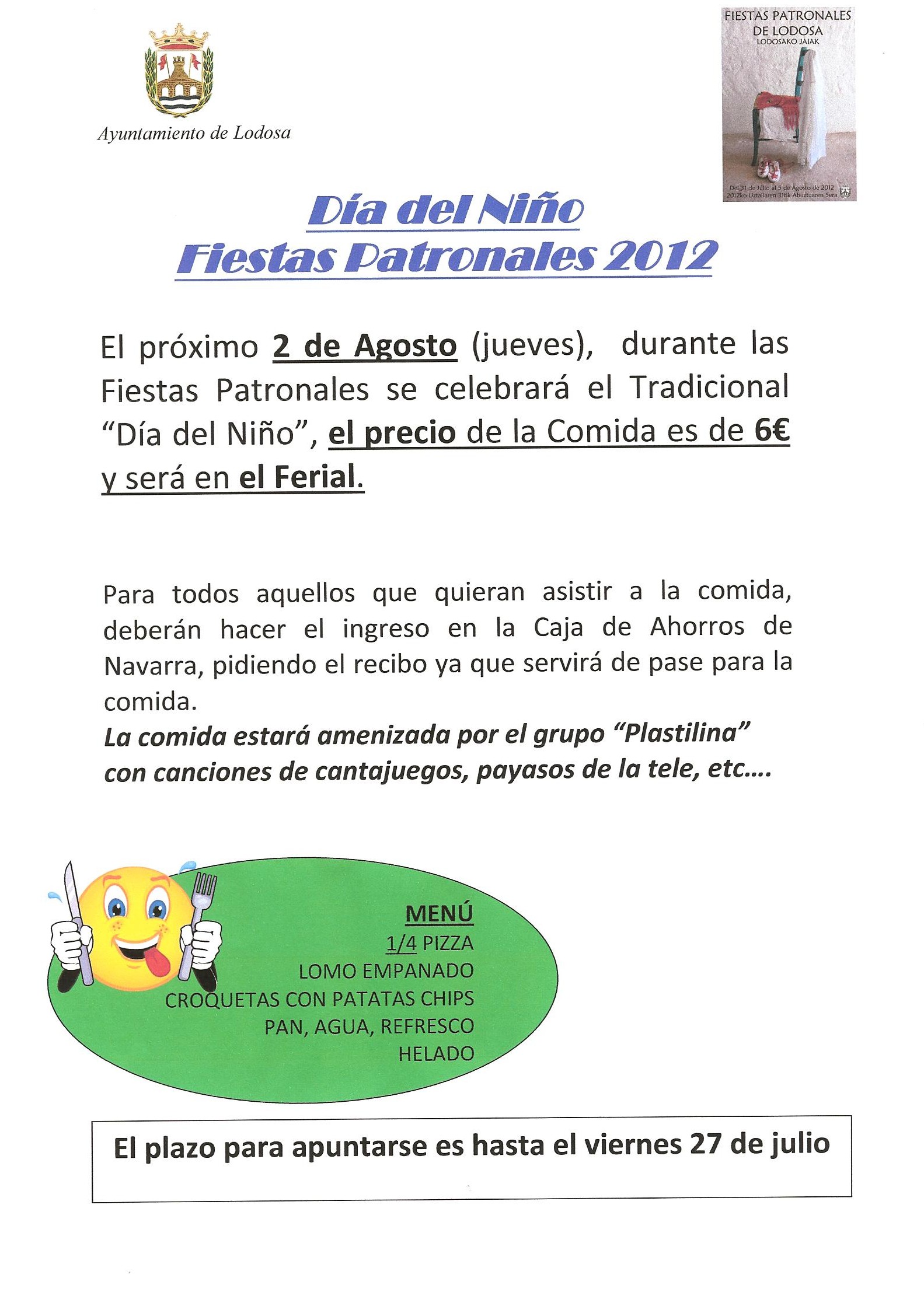 Comida DIA DEL NIÑO, JUEVES 2 agosto